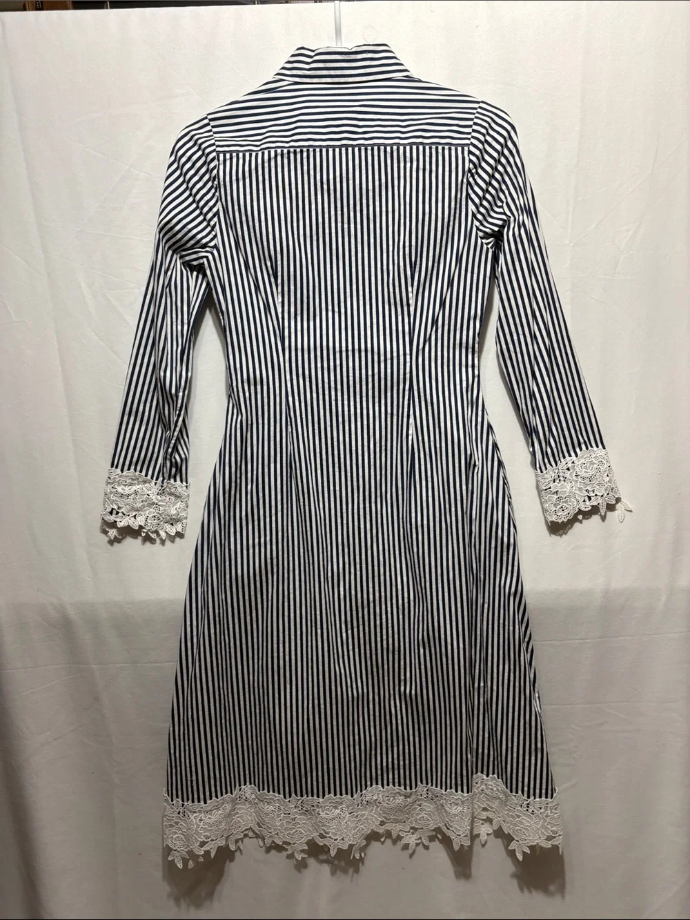 Dainty Jewells Navy & White Striped Lace-Trim Shirt Dress - Picture 7 of 10